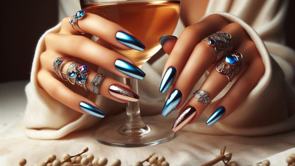Chrome Nails Blue French Tip Designs