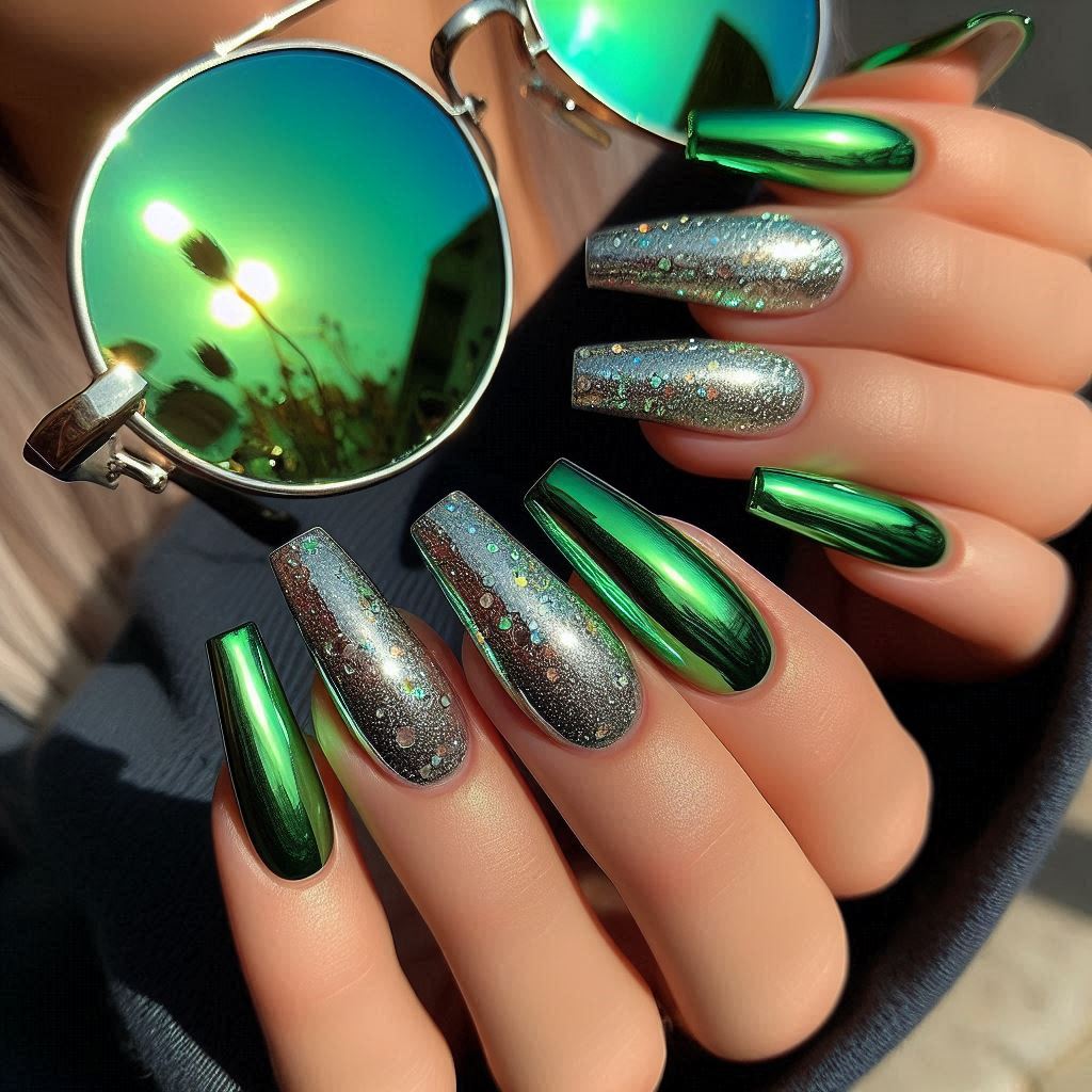 Glitter-Dipped Green Chrome Tips