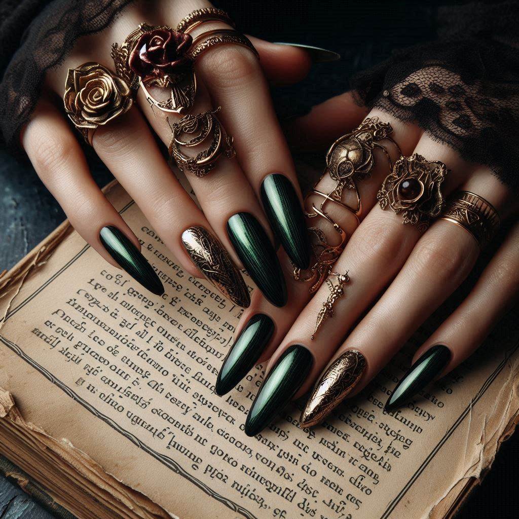 Midnight Dark Green Chrome Nails