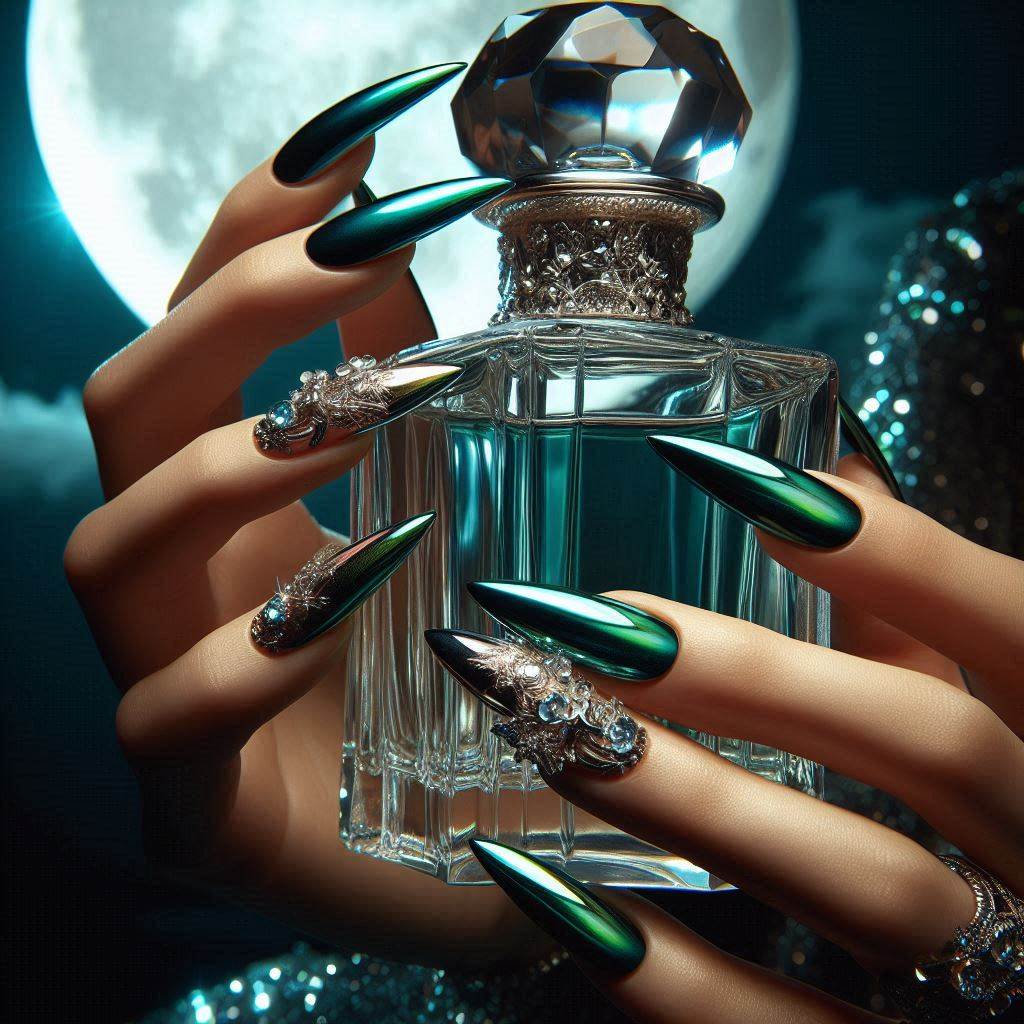 Fierce Stiletto Green Chrome Nails