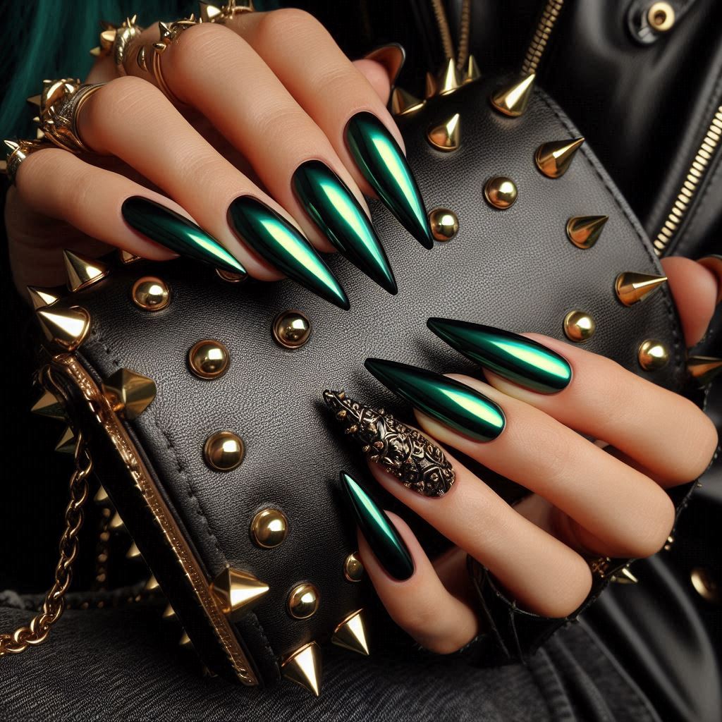 Sultry Coffin Green Chrome Nails