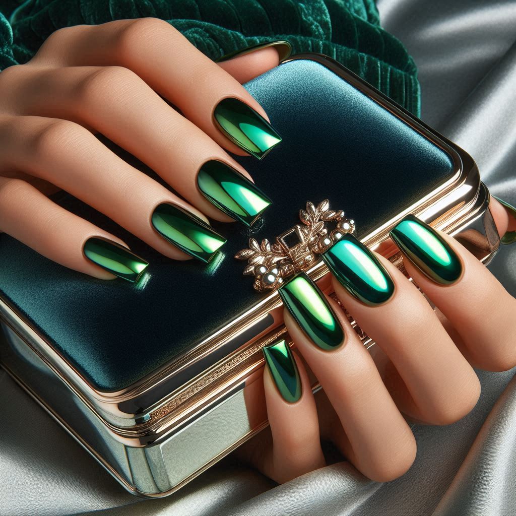 Sleek Square Green Chrome Nails