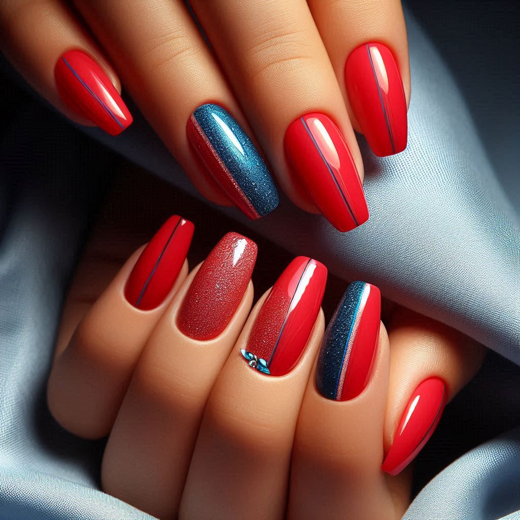 Minimal Red with Blue Glitter Line
