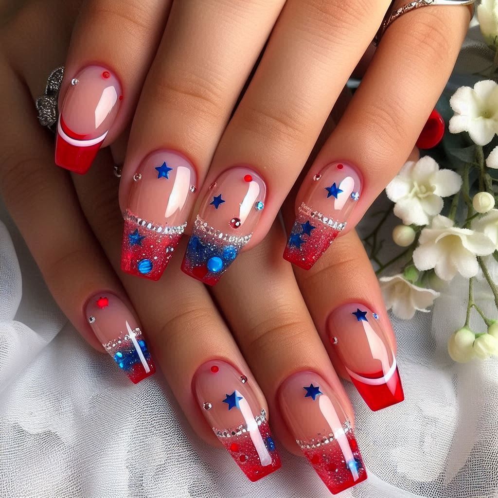 Red French with Blue Stars on Ring Finger